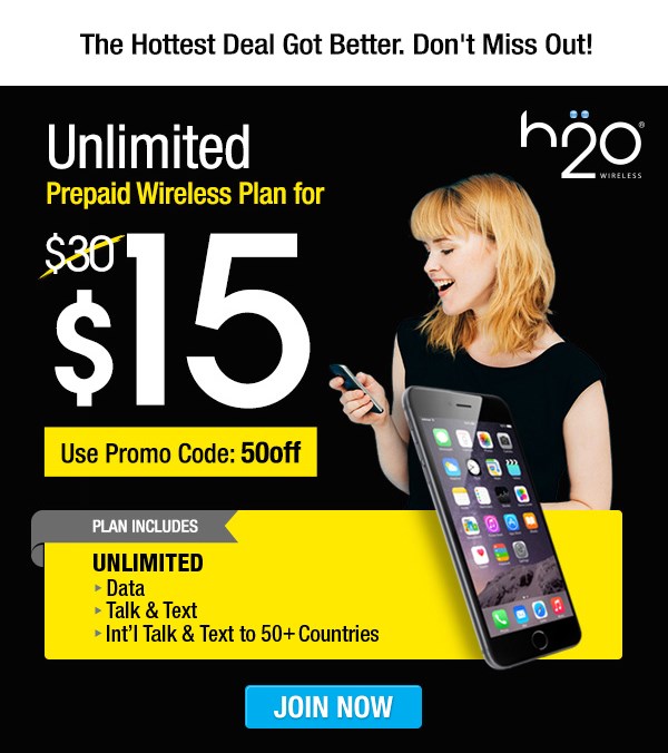 美国H2O<font color=red>手机卡</font> Unlimited Prepaid Wireless Plan for Only $15!